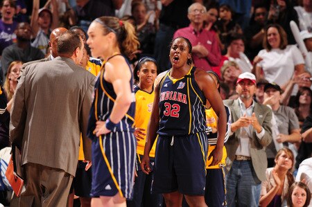 PHOENIX - OCTOBER 9: Ebony Hoffman #32 of the Indiana Fever doesn't agree with the 5th foul called on her in the third quarter against the Phoenix Mercury in Game five of the WNBA Finals played on October 9, 2009 at U.S. Airways Center in Phoenix, Arizona. <br /><br /><span class="help">(Photo by Barry Gossage/NBAE via Getty Images)</span>