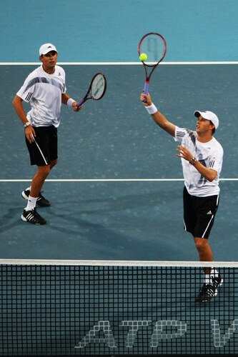 BEIJING - OCTOBER 10:  Bob Bryan and Mike Bryan of USA returns a shot against Julien Benneteau and Jeremy Chardy of France in the Semifinals during day nine of the 2009 China Open at the National Tennis Centre on October 10, 2009 in Beijing, China.  <br /><br /><span class="help">(Photo by Feng Li/Getty Images)</span>