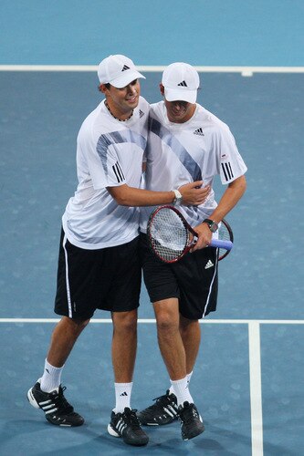 BEIJING - OCTOBER 10:  Bob Bryan and Mike Bryan of USA celebrate winning against Julien Benneteau and Jeremy Chardy of France in the Semifinals during day nine of the 2009 China Open at the National Tennis Centre on October 10, 2009 in Beijing, China.  <br /><br /><span class="help">(Photo by Feng Li/Getty Images)</span>