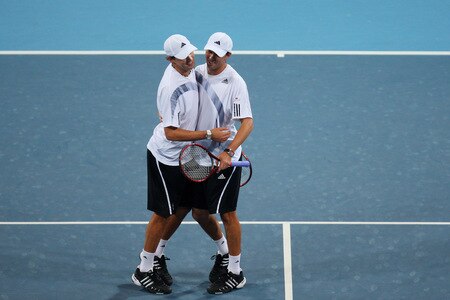 BEIJING - OCTOBER 10:  Bob Bryan and Mike Bryan of USA celebrates winning against Julien Benneteau and Jeremy Chardy of France in the Semifinals during day nine of the 2009 China Open at the National Tennis Centre on October 10, 2009 in Beijing, China.  <br /><br /><span class="help">(Photo by Feng Li/Getty Images)</span>