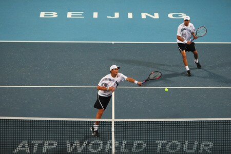 BEIJING - OCTOBER 10:  Bob Bryan and Mike Bryan of USA returns a shot against Julien Benneteau and Jeremy Chardy of France in the Semifinals during day nine of the 2009 China Open at the National Tennis Centre on October 10, 2009 in Beijing, China.  <br /><br /><span class="help">(Photo by Feng Li/Getty Images)</span>