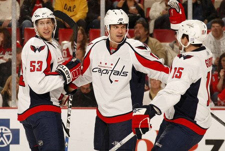 DETROIT - OCTOBER 10: Matt Bradley #10 of the Washington Capitals celebrates his first period goal with Quintin Laing #53 and Boyd Gordon #15 against the Detroit Red Wings on October 10, 2009 at Joe Louis Arena in Detroit, Michigan. <br /><br /><span class="help">(Photo by Gregory Shamus/Getty Images)</span>
