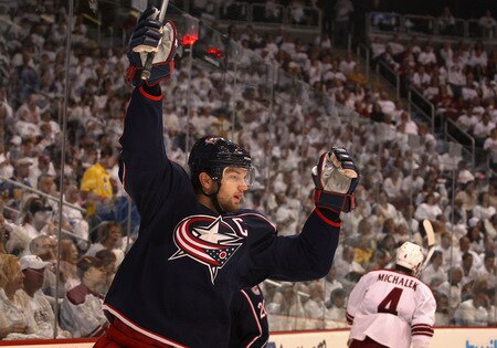 GLENDALE, AZ - OCTOBER 10:  Rick Nash #61 of the Columbus Blue Jackets celebrates after scoring a first period goal against the Phoenix Coyotes during the NHL game at Jobing.com Arena on October 10, 2009 in Glendale, Arizona. The Blue Jackets defeated the Coyotes 2-0.  <br /><br /><span class="help">(Photo by Christian Petersen/Getty Images)</span>