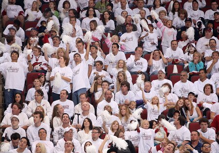 GLENDALE, AZ - OCTOBER 10:  Fans wear white t shirts in the "white out" night at of the NHL game between the Columbus Blue Jackets and the Phoenix Coyotes at Jobing.com Arena on October 10, 2009 in Glendale, Arizona. The Blue Jackets defeated the Coyotes 2-0.   <br /><br /><span class="help">(Photo by Christian Petersen/Getty Images)</span>