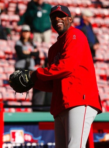BOSTON - OCTOBER 11:  Vladimir Guerrero #27 of the Los Angeles Angels of Anaheim smiles during batting practice before Game Three of the ALDS against the Boston Red Sox during the 2009 MLB Playoffs at Fenway Park on October 11, 2009 in Boston, Massachusetts. <br /><br /><span class="help">(Photo by Jim Rogash/Getty Images)</span>