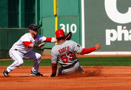 BOSTON - OCTOBER 11:  Dustin Pedroia #15 of the Boston Red Sox waits for the ball to try to pick off Bobby Abreu #53 of the Los Angeles Angels of Anaheim at second base in the first inning in Game Three of the ALDS during the 2009 MLB Playoffs at Fenway Park on October 11, 2009 in Boston, Massachusetts. <br /><br /><span class="help">(Photo by Jim Rogash/Getty Images)</span>