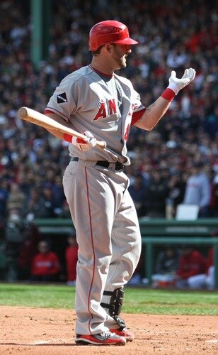 BOSTON - OCTOBER 11: Mike Napoli #44 of the Los Angeles Angels of Anaheim is awarded first base after a hit by a pitch in Game Three of the ALDS against the Boston Red Sox during the 2009 MLB Playoffs at Fenway Park on October 11, 2009 in Boston, Massachusetts.  <br /><br /><span class="help">(Photo by Elsa/Getty Images)</span>