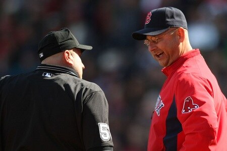 BOSTON - OCTOBER 11:  Terry Francona #47 manager of the Boston Red Sox argues a call with the home plate umpire that Mike Napoli #44 was hit by a pitch in the second inning of Game Three of the ALDS against against the Los Angeles Angels of Anaheim during the 2009 MLB Playoffs at Fenway Park on October 11, 2009 in Boston, Massachusetts. <br /><br /><span class="help">(Photo by Elsa/Getty Images)</span>