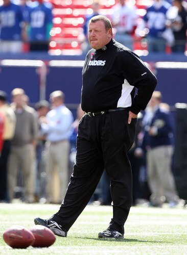 EAST RUTHERFORD, NJ - OCTOBER 11:  Head coach Tom Cable of the Oakland Raiders looks on before playing the New York Giants on October 11, 2009 at Giants Stadium in East Rutherford, New Jersey.  <br /><br /><span class="help">(Photo by Jim McIsaac/Getty Images)</span>