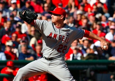 BOSTON - OCTOBER 11:  Starting pitcher Scott Kazmir #22 of the Los Angeles Angels of Anaheim pitches in the first inning against the Boston Red Sox in Game Three of the ALDS during the 2009 MLB Playoffs at Fenway Park on October 11, 2009 in Boston, Massachusetts. <br /><br /><span class="help">(Photo by Jim Rogash/Getty Images)</span>