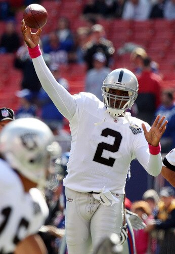 EAST RUTHERFORD, NJ - OCTOBER 11:  JaMarcus Russell #2 of the Oakland Raiders warms up before playing the New York Giants on October 11, 2009 at Giants Stadium in East Rutherford, New Jersey.  <br /><br /><span class="help">(Photo by Jim McIsaac/Getty Images)</span>