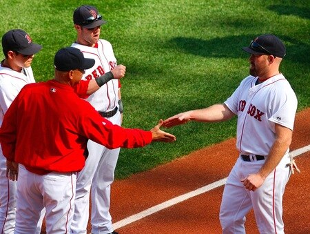 BOSTON - OCTOBER 11:  (R) Kevin Youkilis #20 of the Boston Red Sox shakes hands with manager Terry Francona during player introductions before taking on the Los Angeles Angels of Anaheim in Game Three of the ALDS during the 2009 MLB Playoffs at Fenway Park on October 11, 2009 in Boston, Massachusetts. <br /><br /><span class="help">(Photo by Jim Rogash/Getty Images)</span>
