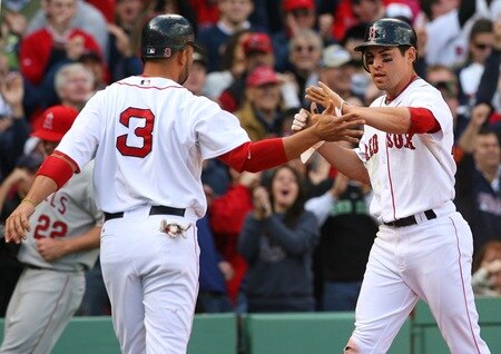 BOSTON - OCTOBER 11:  Jacoby Ellsbury #46 of the Boston Red Sox celebrates with Alex Gonzalez #3 after scoring a run in the third inning against the Los Angeles Angels of Anaheim on a Dustin Pedroia #15 double in the third inning of Game Three of the ALDS during the 2009 MLB Playoffs at Fenway Park on October 11, 2009 in Boston,  Massachusetts. <br /><br /><span class="help">(Photo by Jim Rogash/Getty Images)</span>