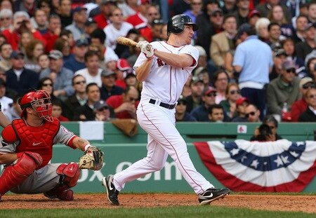 BOSTON - OCTOBER 11:  J.D. Drew #7 of the Boston Red Sox hits a two-run home run in the fourth inning against the Los Angeles Angels of Anaheim in Game Three of the ALDS during the 2009 MLB Playoffs at Fenway Park on October 11, 2009 in Boston,  Massachusetts. <br /><br /><span class="help">(Photo by Jim Rogash/Getty Images)</span>