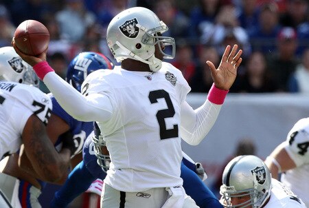EAST RUTHERFORD, NJ - OCTOBER 11:  JaMarcus Russell #2 of the Oakland Raiders throws a pass against the New York Giants on October 11, 2009 at Giants Stadium in East Rutherford, New Jersey.  <br /><br /><span class="help">(Photo by Jim McIsaac/Getty Images)</span>