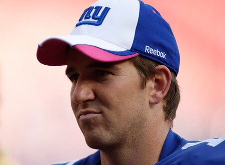 EAST RUTHERFORD, NJ - OCTOBER 11: Eli Manning #10 of the New York Giants walks off the field at the end of the game against the Oakland Raiders on October 11, 2009 at Giants Stadium in East Rutherford, New Jersey. <br /><br /><span class="help">(Photo by Jared Wickerham/Getty Images)</span>