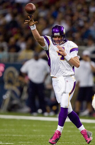 ST. LOUIS, MO - OCTOBER 11: Brett Favre #4 of the Minnesota Vikings passes against the St. Louis Rams at the Edward Jones Dome on October 11, 2009 in St. Louis, Missouri.  The Vikings beat the Rams 38-10.  <br /><br /><span class="help">(Photo by Dilip Vishwanat/Getty Images)</span>