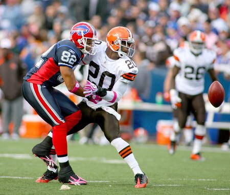 ORCHARD PARK, NY - OCTOBER 11: Mike Adams #20  of the Cleveland Browns defends on Josh Reed #82 of the Buffalo Bills as the ball falls short  at Ralph Wilson Stadium on October 11, 2009 in Orchard Park, New York. Cleveland won 6-3. <br /><br /><span class="help">(Photo by Rick Stewart/Getty Images)</span>