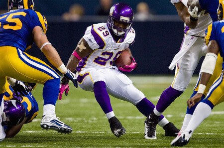 ST. LOUIS, MO - OCTOBER 11: Adrian Peterson #28 of the Minnesota Vikings rushes against the St. Louis Rams at the Edward Jones Dome on October 11, 2009 in St. Louis, Missouri.  The Vikings beat the Rams 38-10.  <br /><br /><span class="help">(Photo by Dilip Vishwanat/Getty Images)</span>