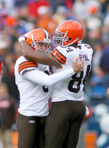 ORCHARD PARK, NY - OCTOBER 11: Billy Cundiff #8 and Robert Royal #84  of the Cleveland Browns celebrate Cundiff's game winning field goal against the Buffalo Bills at Ralph Wilson Stadium on October 11, 2009 in Orchard Park, New York. Cleveland won 6-3. <br /><br /><span class="help">(Photo by Rick Stewart/Getty Images)</span>