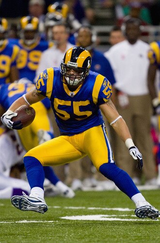 ST. LOUIS, MO - OCTOBER 11: James Laurinaitis #55 of the St. Louis Rams returns an interception against the Minnesota Vikings at the Edward Jones Dome on October 11, 2009 in St. Louis, Missouri.  <br /><br /><span class="help">(Photo by Dilip Vishwanat/Getty Images)</span>