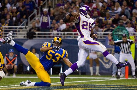 ST. LOUIS, MO - OCTOBER 11: Adrian Peterson #28 of the Minnesota Vikings scores a touchdown against Paris Lenon #53 of the St. Louis Rams at the Edward Jones Dome on October 11, 2009 in St. Louis, Missouri.  The Vikings beat the Rams 38-10.  <br /><br /><span class="help">(Photo by Dilip Vishwanat/Getty Images)</span>