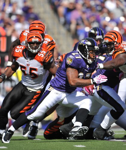 BALTIMORE - OCTOBER 11:  Ray Rice #27 of the Baltimore Ravens runs the ball against the Cincinnati Bengals at M&T Bank Stadium on October 11, 2009 in Baltimore, Maryland. The Bengals defeated the Ravens 17-14. <br /><br /><span class="help">(Photo by Larry French/Getty Images)</span>