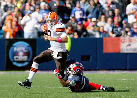 ORCHARD PARK, NY - OCTOBER 11: Marcus Buggs #53 of the Buffalo Bills sacks Derek Anderson #3 of the Cleveland Browns at Ralph Wilson Stadium on October 11, 2009 in Orchard Park, New York. Theplay was nullified by a penalty. Cleveland won 6-3. <br /><br /><span class="help">(Photo by Rick Stewart/Getty Images)</span>