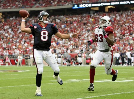 GLENDALE, AZ - OCTOBER 11:  Quarterback Matt Schaub #8 of the Houston Texans scrambles to pass under pressure from Calais Campbell #93 of the Arizona Cardinals during the NFL game at the Universtity of Phoenix Stadium on October 11, 2009 in Glendale, Arizona.  <br /><br /><span class="help">(Photo by Christian Petersen/Getty Images)</span>