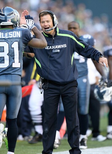 SEATTLE - OCTOBER 11:  Head coach Jim Mora of the Seattle Seahawks congratulates Nate Burleson #81 after scoring a touchdown against the Jacksonville Jaguars on October 11, 2009 at Qwest Field in Seattle, Washington. <br /><br /><span class="help">(Photo by Otto Greule Jr/Getty Images)</span>