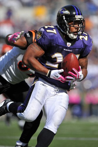 BALTIMORE - OCTOBER 11:  Ray Rice #27 of the Baltimore Ravens runs the ball against the Cincinnati Bengals at M&T Bank Stadium on October 11, 2009 in Baltimore, Maryland. The Bengals defeated the Ravens 17-14. <br /><br /><span class="help">(Photo by Larry French/Getty Images)</span>