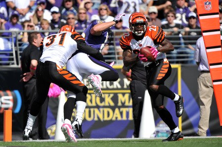 BALTIMORE - OCTOBER 11:  Johnathan Joseph #22 of the Cincinnati Bengals makes an interception near the end zone against the Baltimore Ravens at M&T Bank Stadium on October 11, 2009 in Baltimore, Maryland. The Bengals defeated the Ravens 17-14. <br /><br /><span class="help">(Photo by Larry French/Getty Images)</span>