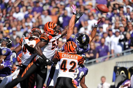 BALTIMORE - OCTOBER 11:  Brandon Johnson #59 of the Cincinnati Bengals defends on a hail mary pass to end the first half against the Baltimore Ravens at M&T Bank Stadium on October 11, 2009 in Baltimore, Maryland. The Bengals defeated the Ravens 17-14. <br /><br /><span class="help">(Photo by Larry French/Getty Images)</span>