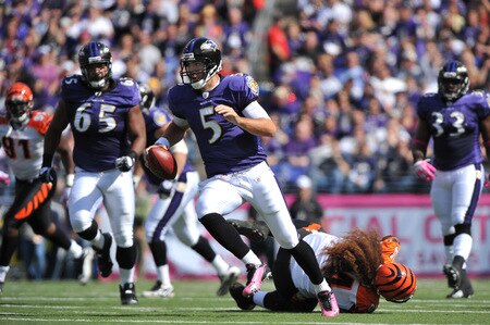 BALTIMORE - OCTOBER 11:  Joe Flacco #5 of the Baltimore Ravens scrambles during the game against the Cincinnati Bengals at M&T Bank Stadium on October 11, 2009 in Baltimore, Maryland. The Bengals defeated the Ravens 17-14. <br /><br /><span class="help">(Photo by Larry French/Getty Images)</span>