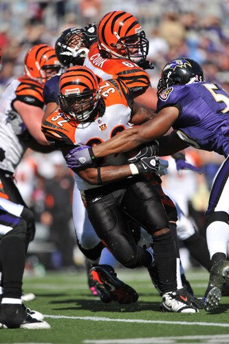 BALTIMORE - OCTOBER 11:  Cedric Benson #32 of the Cincinnati Bengals runs the ball in for a touchdown against the Baltimore Ravens at M&T Bank Stadium on October 11, 2009 in Baltimore, Maryland. The Bengals defeated the Ravens 17-14. <br /><br /><span class="help">(Photo by Larry French/Getty Images)</span>
