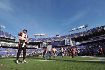 BALTIMORE - OCTOBER 11:  Carson Palmer #9 of the Cincinnati Bengals speaks to the press after the game against the Baltimore Ravens at M&T Bank Stadium on October 11, 2009 in Baltimore, Maryland. The Bengals defeated the Ravens 17-14. <br /><br /><span class="help">(Photo by Larry French/Getty Images)</span>