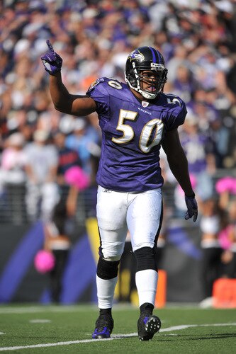 BALTIMORE - OCTOBER 11:  Antwan Barnes #50 of the Baltimore Ravens celebrates a play against the Cincinnati Bengals at M&T Bank Stadium on October 11, 2009 in Baltimore, Maryland. The Bengals defeated the Ravens 17-14. <br /><br /><span class="help">(Photo by Larry French/Getty Images)</span>