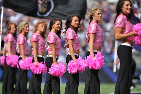 BALTIMORE - OCTOBER 11:  Cheerleaders for the Baltimore Ravens cheer during player introductions before the game against the Cincinnati Bengals at M&T Bank Stadium on October 11, 2009 in Baltimore, Maryland. The Bengals defeated the Ravens 17-14. <br /><br /><span class="help">(Photo by Larry French/Getty Images)</span>