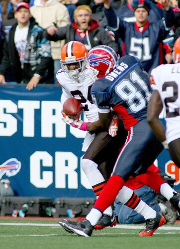 ORCHARD PARK, NY - OCTOBER 11: Eric Wright #24 of the Cleveland Browns intercepts a pass intended for Terrell Owens #81 of the Buffalo Bills at Ralph Wilson Stadium on October 11, 2009 in Orchard Park, New York.Cleveland won 6-3.  <br /><br /><span class="help">(Photo by Rick Stewart/Getty Images)</span>
