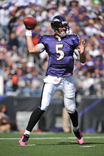 BALTIMORE - OCTOBER 11:  Joe Flacco #5 of the Baltimore Ravens passes against the Cincinnati Bengals at M&T Bank Stadium on October 11, 2009 in Baltimore, Maryland. The Bengals defeated the Ravens 17-14. <br /><br /><span class="help">(Photo by Larry French/Getty Images)</span>