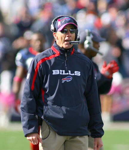 ORCHARD PARK, NY - OCTOBER 11: Dick Jauron, head coach of the Buffalo Bills stands on the sidelines against the Cleveland Browns  at Ralph Wilson Stadium on October 11, 2009 in Orchard Park, New York. Cleveland won 6-3. <br /><br /><span class="help">(Photo by Rick Stewart/Getty Images)</span>