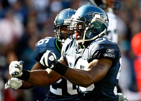 SEATTLE, WA - OCTOBER 11:  Aaron Curry #59 of the Seattle Seahawks celebrates a sack against the Jacksonville Jaguars at Qwest Field on October 11, 2009 in Seattle, Washington.  <br /><br /><span class="help">(Photo by Jonathan Ferrey/Getty Images)</span>