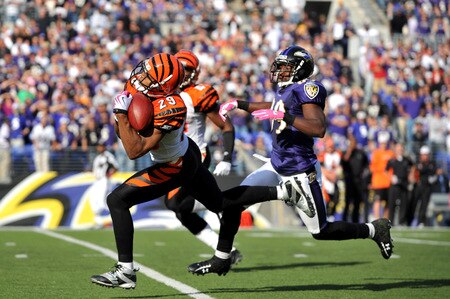 BALTIMORE - OCTOBER 11:  Leon Hall #29 of the Cincinnati Bengals picks off a last second pass to effectively end the game against the Baltimore Ravens at M&T Bank Stadium on October 11, 2009 in Baltimore, Maryland. The Bengals defeated the Ravens 17-14. <br /><br /><span class="help">(Photo by Larry French/Getty Images)</span>
