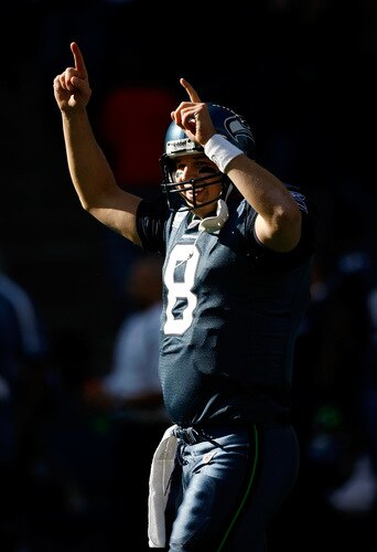 SEATTLE, WA - OCTOBER 11:  Quarterback Matt Hasselbeck #8 of the Seattle Seahawks celebrates a touchdown pass in te second quarter against the Jacksonville Jaguars at Qwest Field on October 11, 2009 in Seattle, Washington.  <br /><br /><span class="help">(Photo by Jonathan Ferrey/Getty Images)</span>
