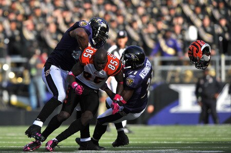 BALTIMORE - OCTOBER 11:  Chad Ochocinco #85 of the Cincinnati Bengals loses his helmet after an interference call against the Baltimore Ravens at M&T Bank Stadium on October 11, 2009 in Baltimore, Maryland. The Bengals defeated the Ravens 17-14. <br /><br /><span class="help">(Photo by Larry French/Getty Images)</span>