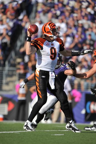 BALTIMORE - OCTOBER 11:  Carson Palmer #9 of the Cincinnati Bengals passes against the Baltimore Ravens at M&T Bank Stadium on October 11, 2009 in Baltimore, Maryland. The Bengals defeated the Ravens 17-14. <br /><br /><span class="help">(Photo by Larry French/Getty Images)</span>