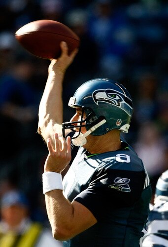SEATTLE, WA - OCTOBER 11:  Quarterback Matt Hasselbeck #8 of the Seattle Seahawks throws the ball against the Jacksonville Jaguars at Qwest Field on October 11, 2009 in Seattle, Washington.  <br /><br /><span class="help">(Photo by Jonathan Ferrey/Getty Images)</span>