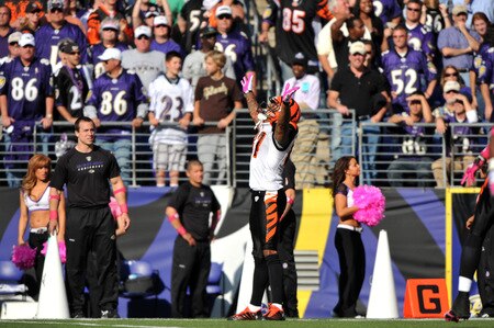BALTIMORE - OCTOBER 11:  Andre Caldwell #87 of the Cincinnati Bengals celebrates his game winning touchdown against the Baltimore Ravens at M&T Bank Stadium on October 11, 2009 in Baltimore, Maryland. The Bengals defeated the Ravens 17-14. <br /><br /><span class="help">(Photo by Larry French/Getty Images)</span>