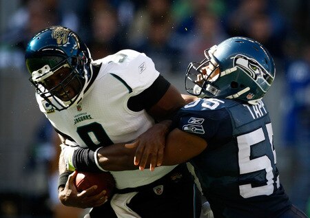 SEATTLE, WA - OCTOBER 11:  Quarterback David Garrard #9 of the Jacksonville Jaguars ids sacked by Darryl Tapp #55 of the Seattle Seahawks   at Qwest Field on October 11, 2009 in Seattle, Washington.  <br /><br /><span class="help">(Photo by Jonathan Ferrey/Getty Images)</span>