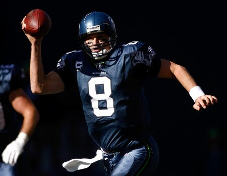 SEATTLE, WA - OCTOBER 11:  Quarterback Matt Hasselbeck #8 of the Seattle Seahawks runs with the ball against the Jacksonville Jaguars at Qwest Field on October 11, 2009 in Seattle, Washington.  <br /><br /><span class="help">(Photo by Jonathan Ferrey/Getty Images)</span>